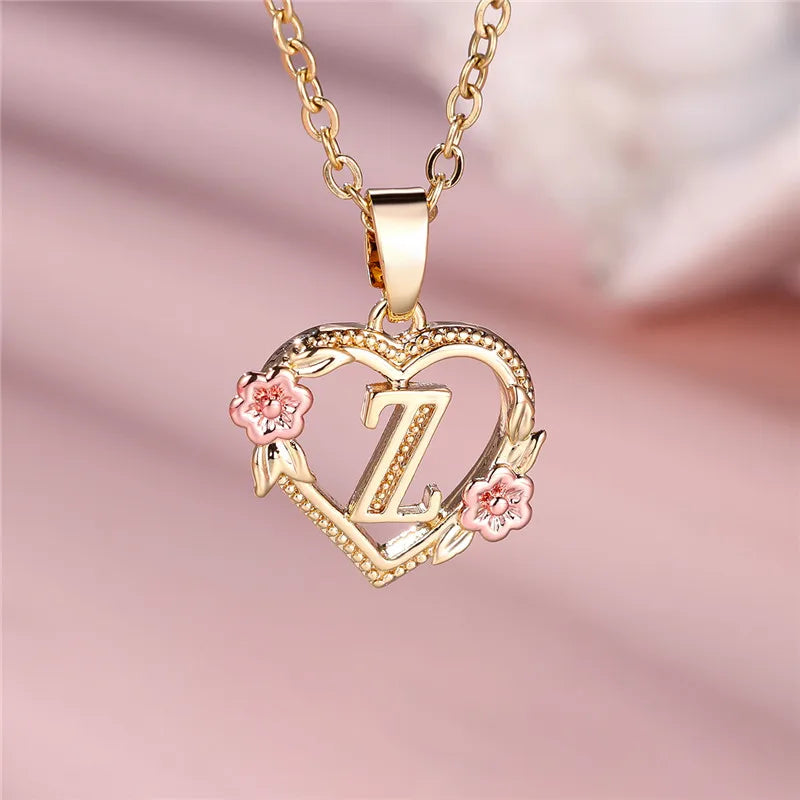 A-Z Letter Flower Pendant Necklace in Yellow Gold - Elegant Wedding Jewelry Gift for Women