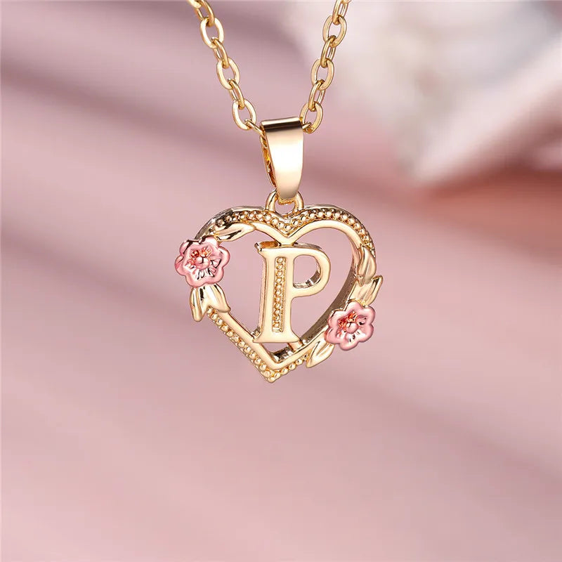 A-Z Letter Flower Pendant Necklace in Yellow Gold - Elegant Wedding Jewelry Gift for Women