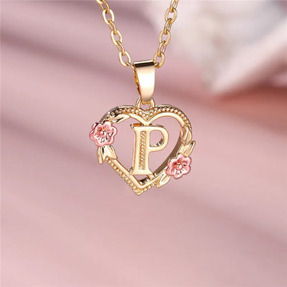 A-Z Letter Flower Pendant Necklace in Yellow Gold - Elegant Wedding Jewelry Gift for Women