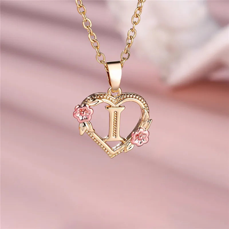 A-Z Letter Flower Pendant Necklace in Yellow Gold - Elegant Wedding Jewelry Gift for Women