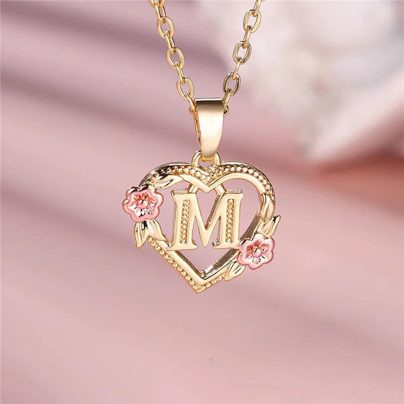 A-Z Letter Flower Pendant Necklace in Yellow Gold - Elegant Wedding Jewelry Gift for Women