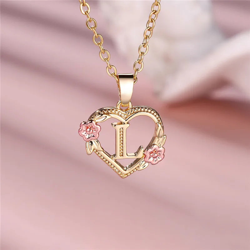 A-Z Letter Flower Pendant Necklace in Yellow Gold - Elegant Wedding Jewelry Gift for Women