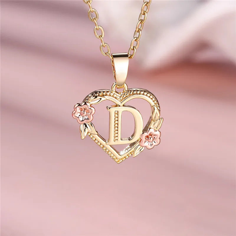 A-Z Letter Flower Pendant Necklace in Yellow Gold - Elegant Wedding Jewelry Gift for Women