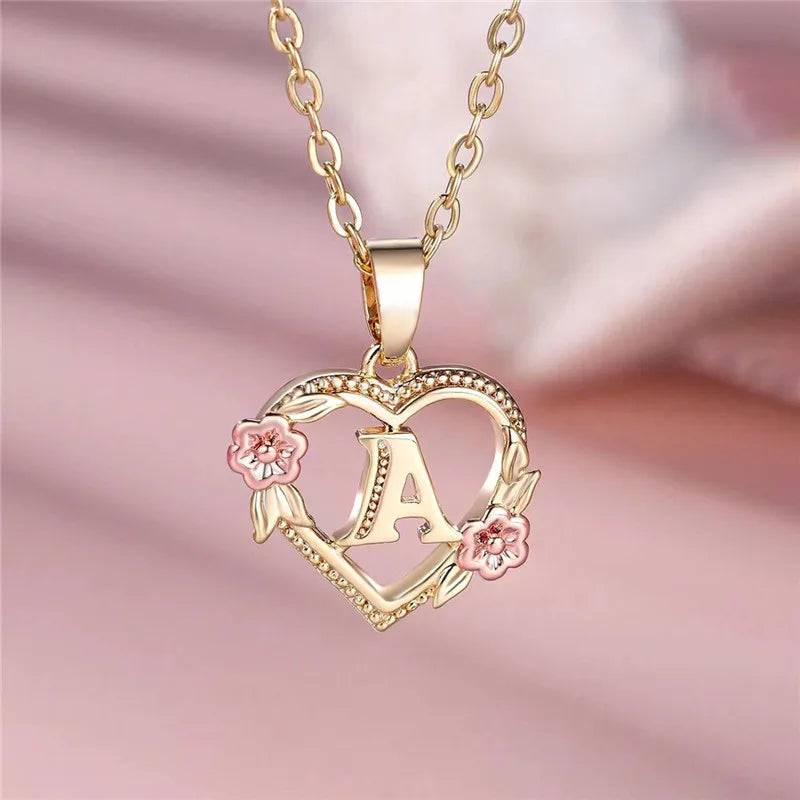 A-Z Letter Flower Pendant Necklace in Yellow Gold - Elegant Wedding Jewelry Gift for Women