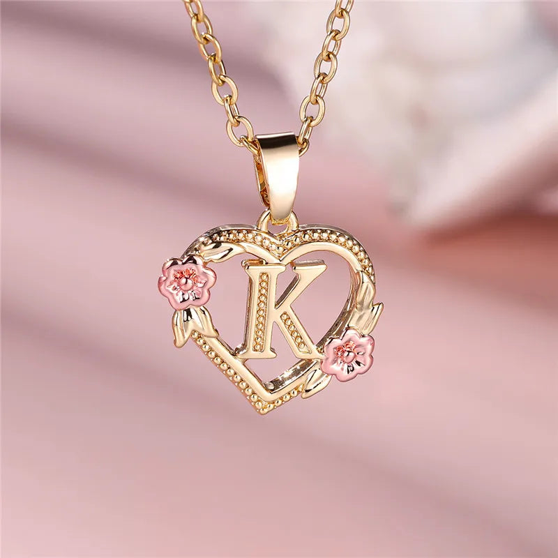 A-Z Letter Flower Pendant Necklace in Yellow Gold - Elegant Wedding Jewelry Gift for Women