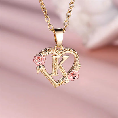 A-Z Letter Flower Pendant Necklace in Yellow Gold - Elegant Wedding Jewelry Gift for Women