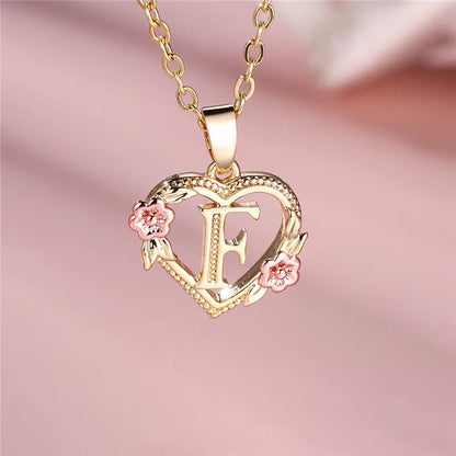 A-Z Letter Flower Pendant Necklace in Yellow Gold - Elegant Wedding Jewelry Gift for Women