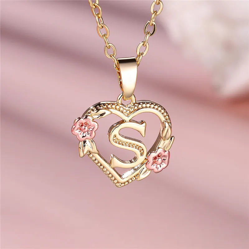 A-Z Letter Flower Pendant Necklace in Yellow Gold - Elegant Wedding Jewelry Gift for Women