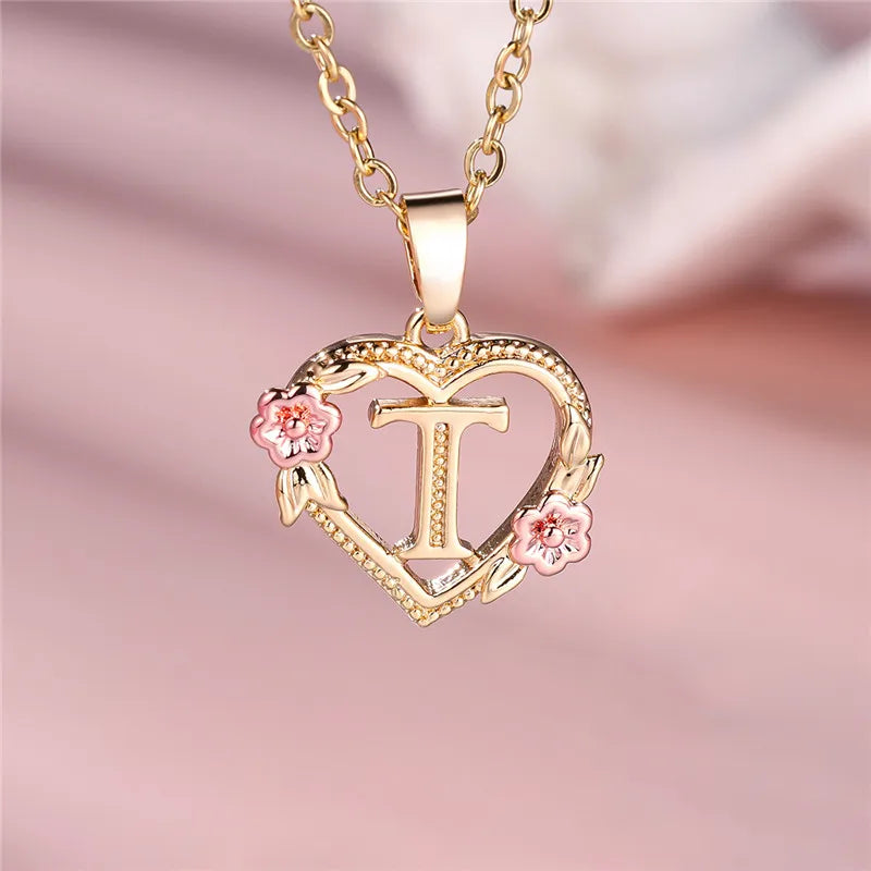 A-Z Letter Flower Pendant Necklace in Yellow Gold - Elegant Wedding Jewelry Gift for Women