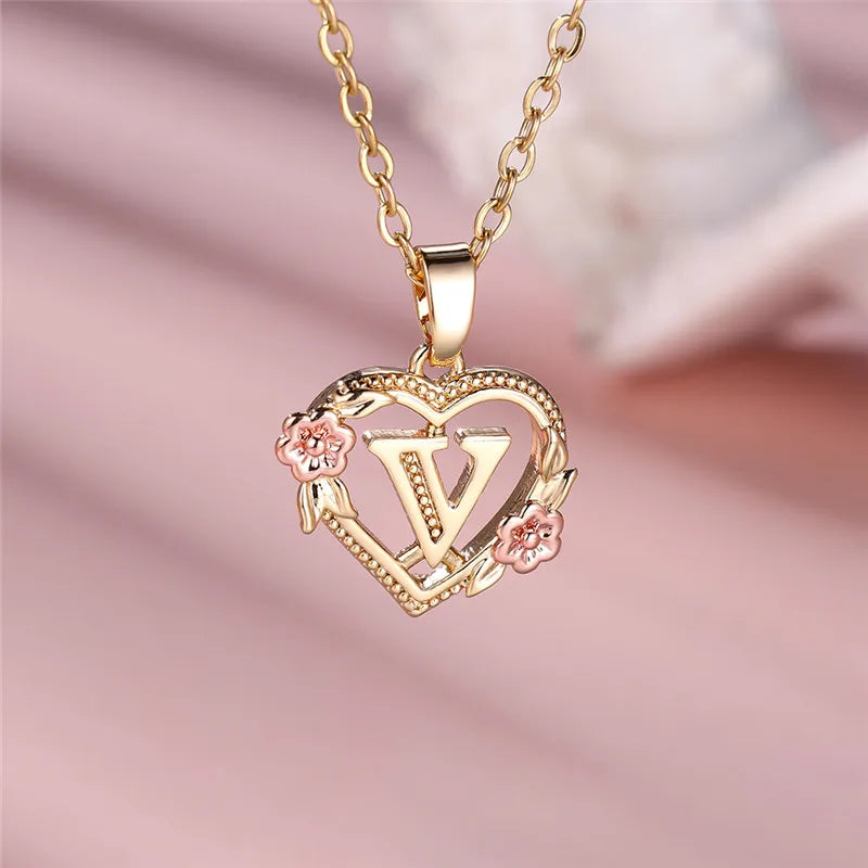 A-Z Letter Flower Pendant Necklace in Yellow Gold - Elegant Wedding Jewelry Gift for Women