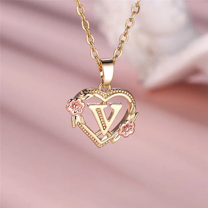A-Z Letter Flower Pendant Necklace in Yellow Gold - Elegant Wedding Jewelry Gift for Women