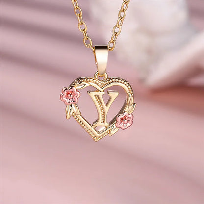 A-Z Letter Flower Pendant Necklace in Yellow Gold - Elegant Wedding Jewelry Gift for Women