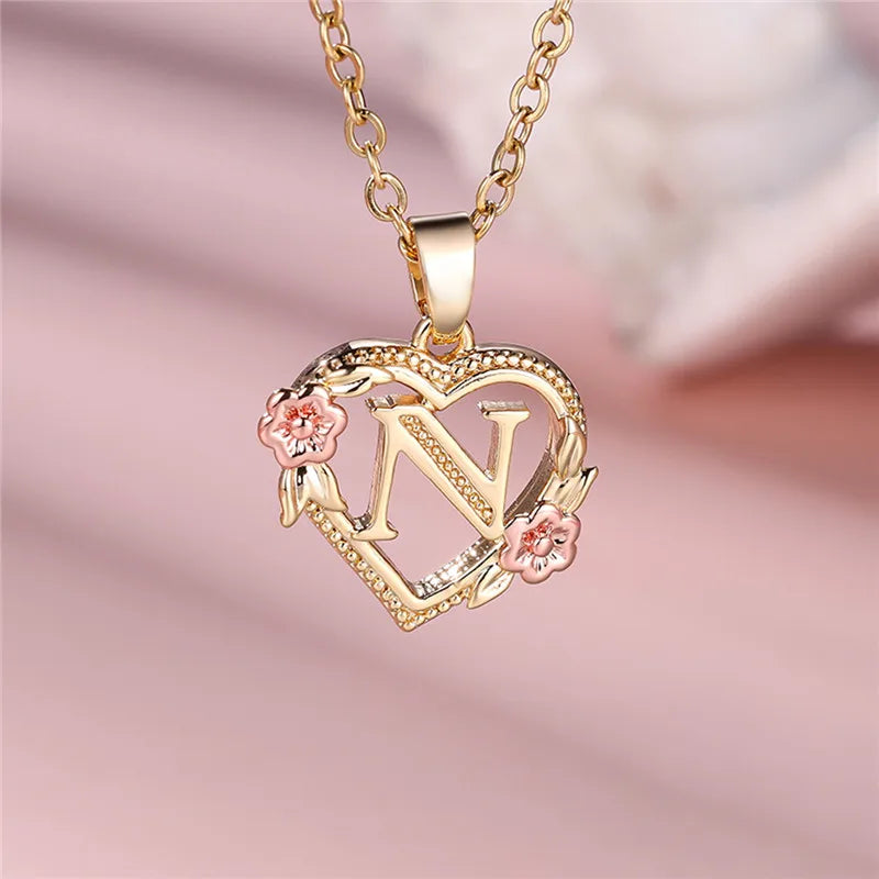 A-Z Letter Flower Pendant Necklace in Yellow Gold - Elegant Wedding Jewelry Gift for Women
