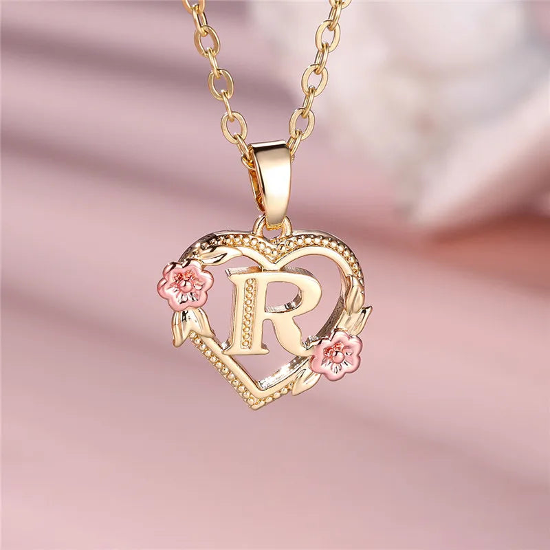 A-Z Letter Flower Pendant Necklace in Yellow Gold - Elegant Wedding Jewelry Gift for Women