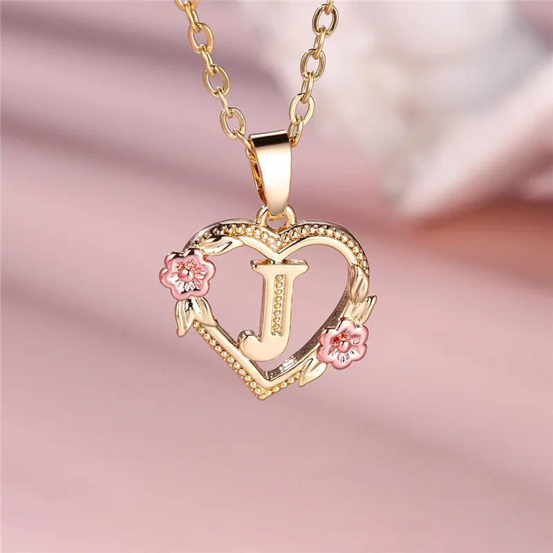 A-Z Letter Flower Pendant Necklace in Yellow Gold - Elegant Wedding Jewelry Gift for Women