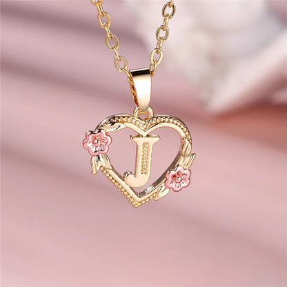 A-Z Letter Flower Pendant Necklace in Yellow Gold - Elegant Wedding Jewelry Gift for Women