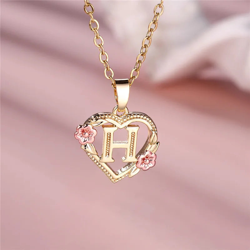 A-Z Letter Flower Pendant Necklace in Yellow Gold - Elegant Wedding Jewelry Gift for Women