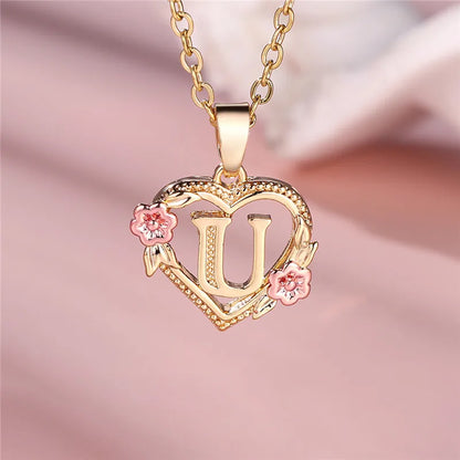 A-Z Letter Flower Pendant Necklace in Yellow Gold - Elegant Wedding Jewelry Gift for Women