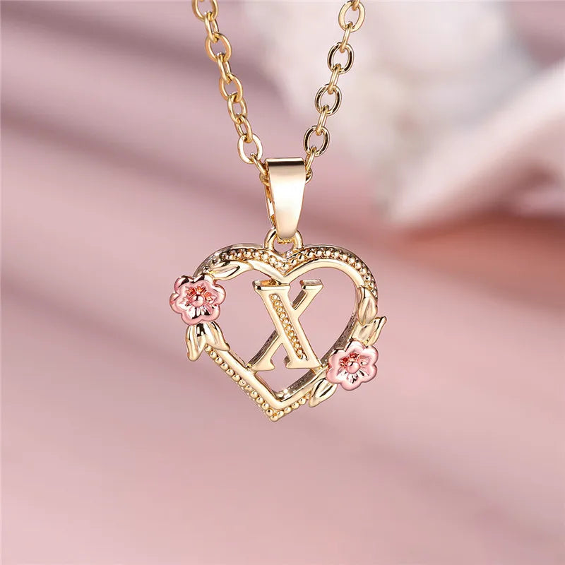 A-Z Letter Flower Pendant Necklace in Yellow Gold - Elegant Wedding Jewelry Gift for Women