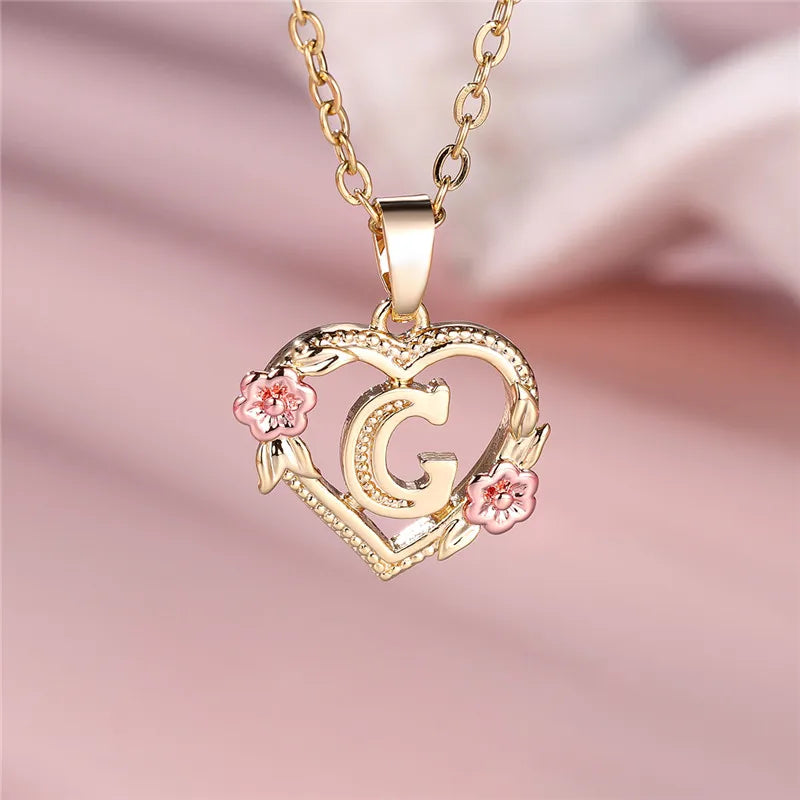 A-Z Letter Flower Pendant Necklace in Yellow Gold - Elegant Wedding Jewelry Gift for Women