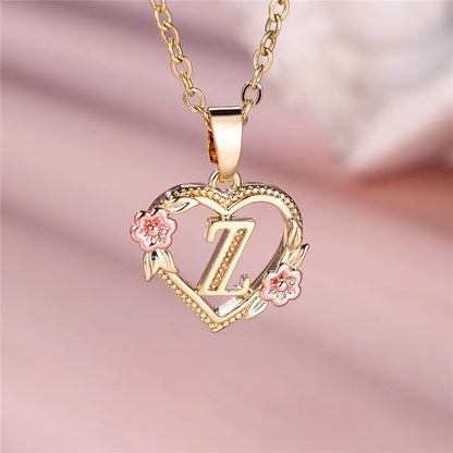 A-Z Letter Flower Pendant Necklace in Yellow Gold - Elegant Wedding Jewelry Gift for Women