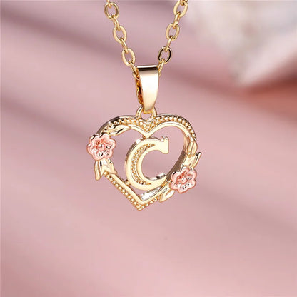 A-Z Letter Flower Pendant Necklace in Yellow Gold - Elegant Wedding Jewelry Gift for Women