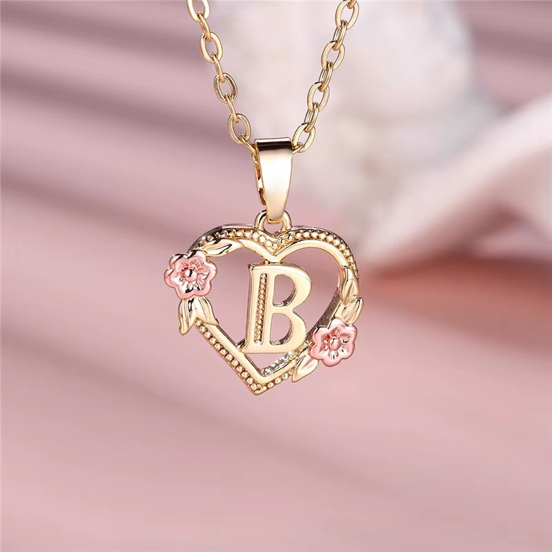 A-Z Letter Flower Pendant Necklace in Yellow Gold - Elegant Wedding Jewelry Gift for Women